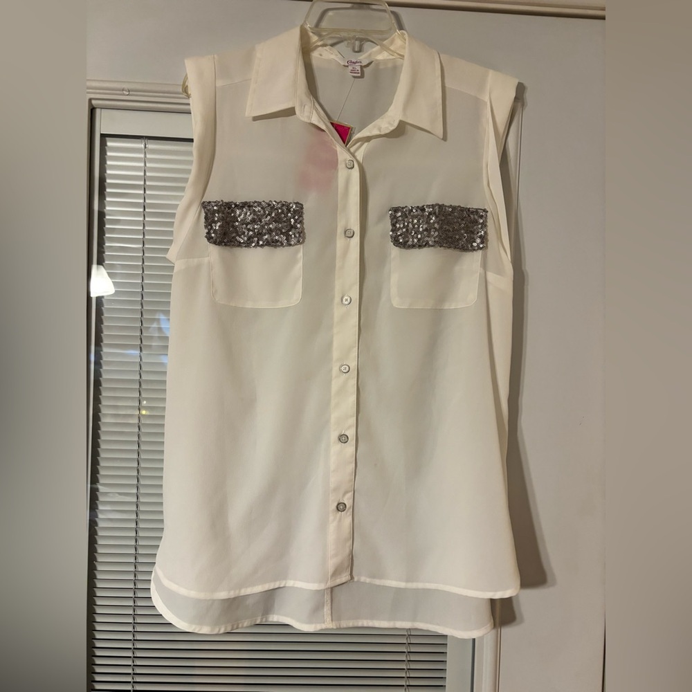 Candie's white Blouse with Silver Sequin Pockets NWT